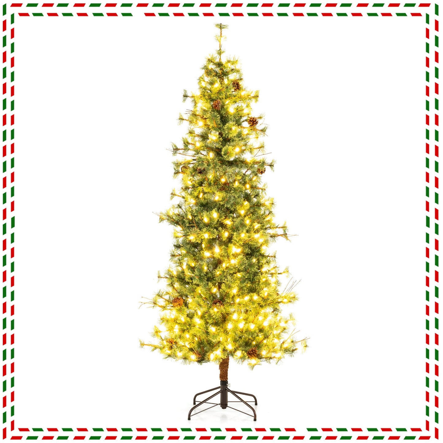 6/7/8 Feet Artificial Christmas Tree Pre-lit Hinged Xmas Tree with Warm White LED Lights and Pine Cones