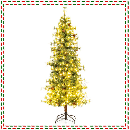 6/7/8 Feet Artificial Christmas Tree Pre-lit Hinged Xmas Tree with Warm White LED Lights and Pine Cones