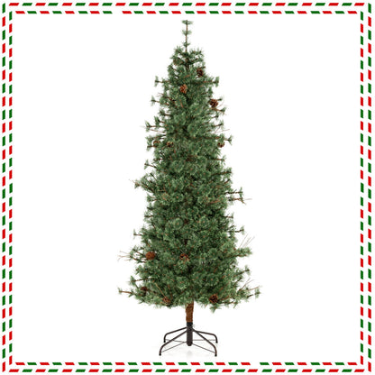 6/7/8 Feet Artificial Christmas Tree Pre-lit Hinged Xmas Tree with Warm White LED Lights and Pine Cones