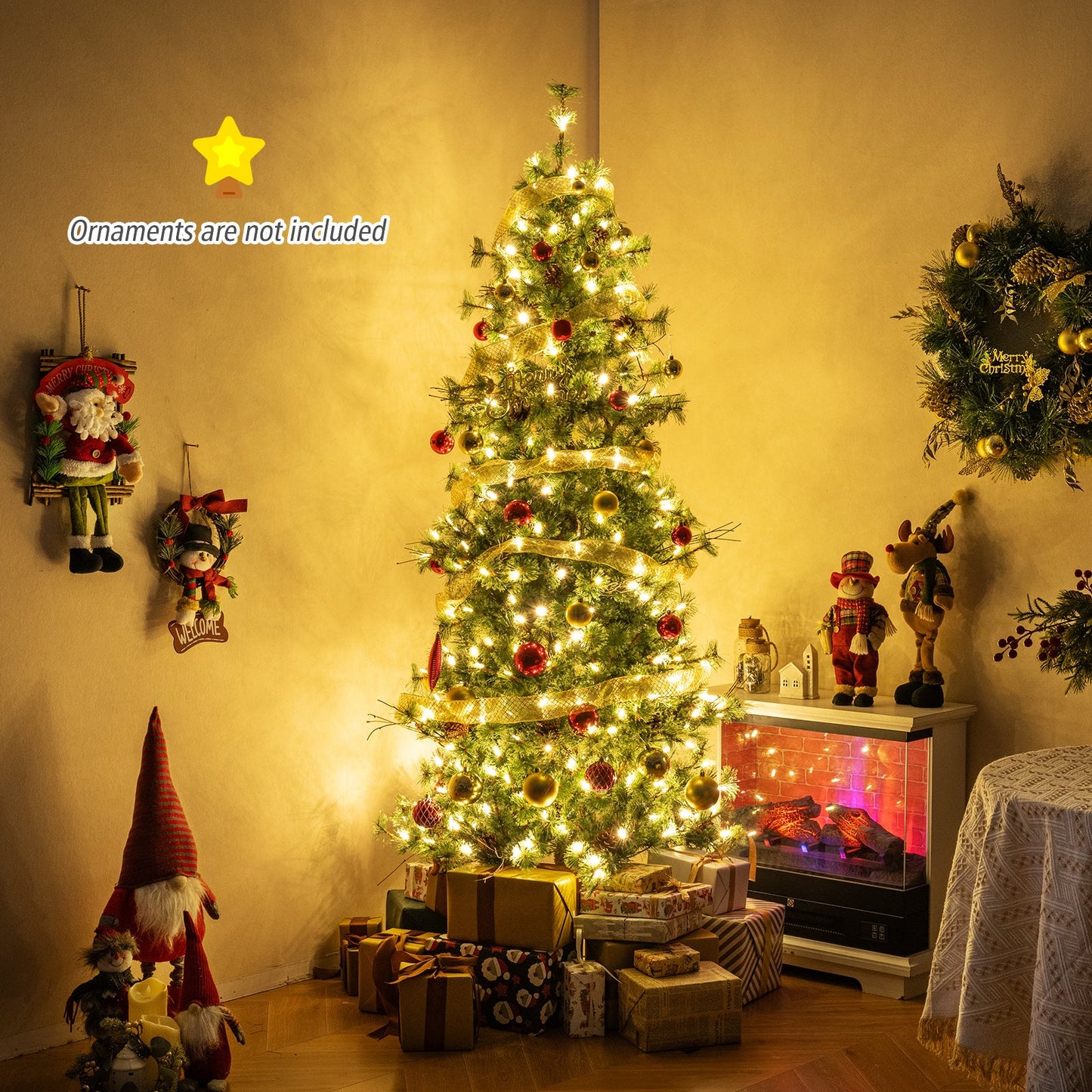 6/7/8 Feet Artificial Christmas Tree Pre-lit Hinged Xmas Tree with Warm White LED Lights and Pine Cones