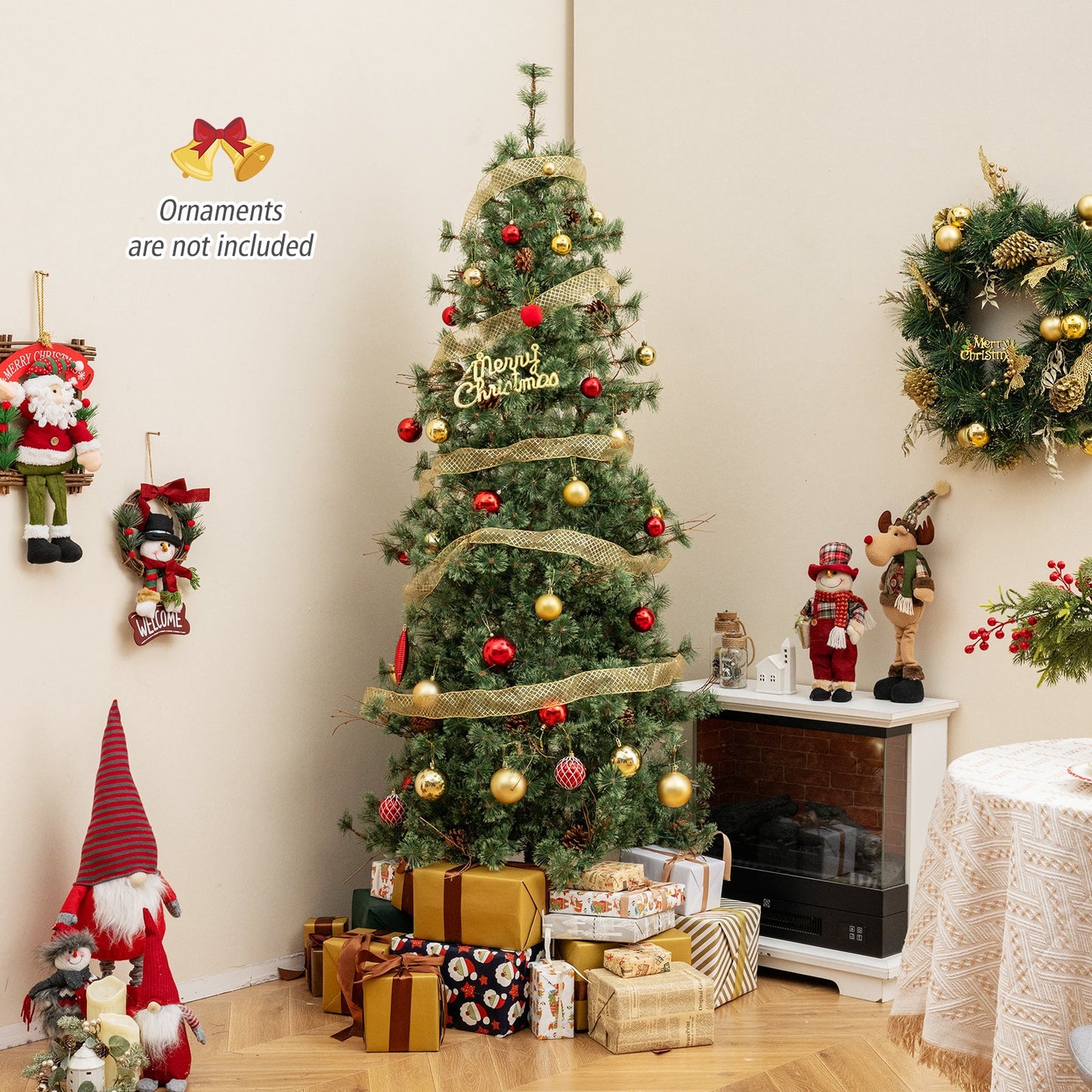 6/7/8 Feet Artificial Christmas Tree Pre-lit Hinged Xmas Tree with Warm White LED Lights and Pine Cones