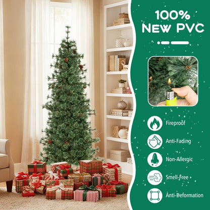6/7/8 Feet Artificial Christmas Tree Pre-lit Hinged Xmas Tree with Warm White LED Lights and Pine Cones