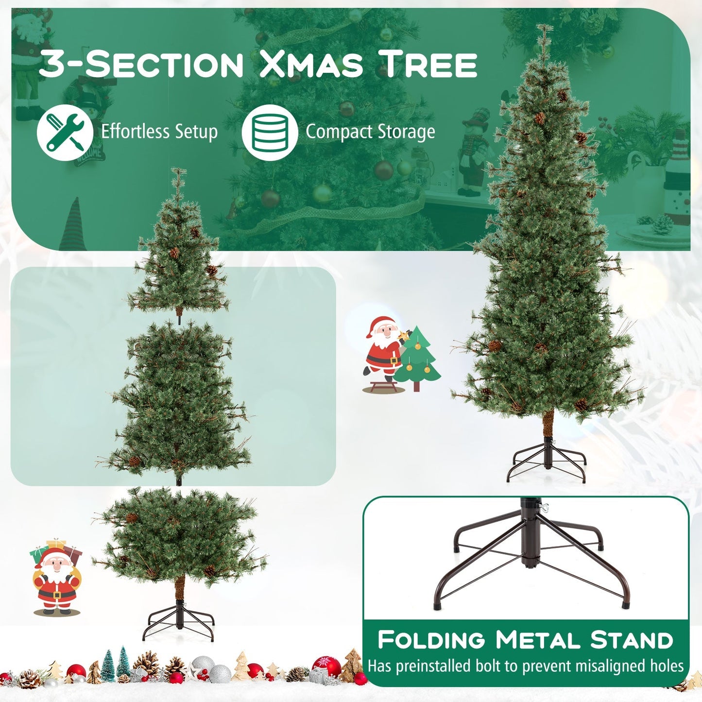 6/7/8 Feet Artificial Christmas Tree Pre-lit Hinged Xmas Tree with Warm White LED Lights and Pine Cones