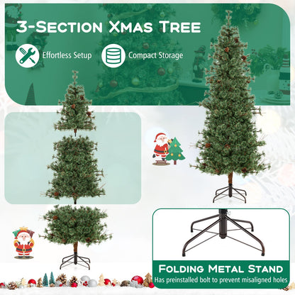 6/7/8 Feet Artificial Christmas Tree Pre-lit Hinged Xmas Tree with Warm White LED Lights and Pine Cones