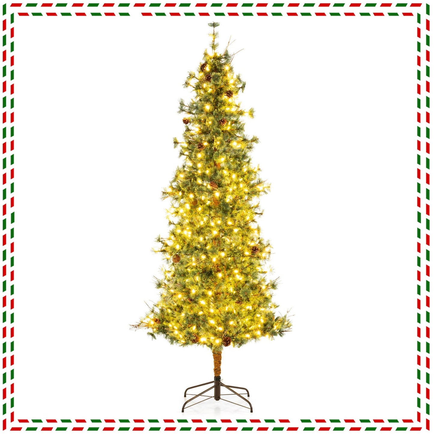 6/7/8 Feet Artificial Christmas Tree Pre-lit Hinged Xmas Tree with Warm White LED Lights and Pine Cones