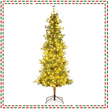 6/7/8 Feet Artificial Christmas Tree Pre-lit Hinged Xmas Tree with Warm White LED Lights and Pine Cones