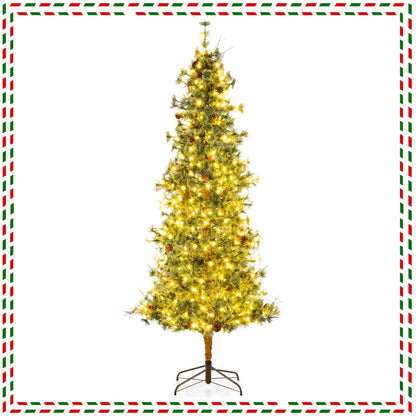 6/7/8 Feet Artificial Christmas Tree Pre-lit Hinged Xmas Tree with Warm White LED Lights and Pine Cones