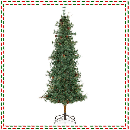 6/7/8 Feet Artificial Christmas Tree Pre-lit Hinged Xmas Tree with Warm White LED Lights and Pine Cones