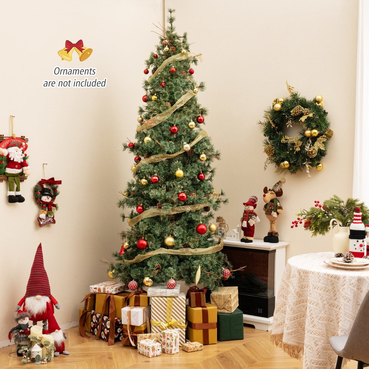 6/7/8 Feet Artificial Christmas Tree Pre-lit Hinged Xmas Tree with Warm White LED Lights and Pine Cones