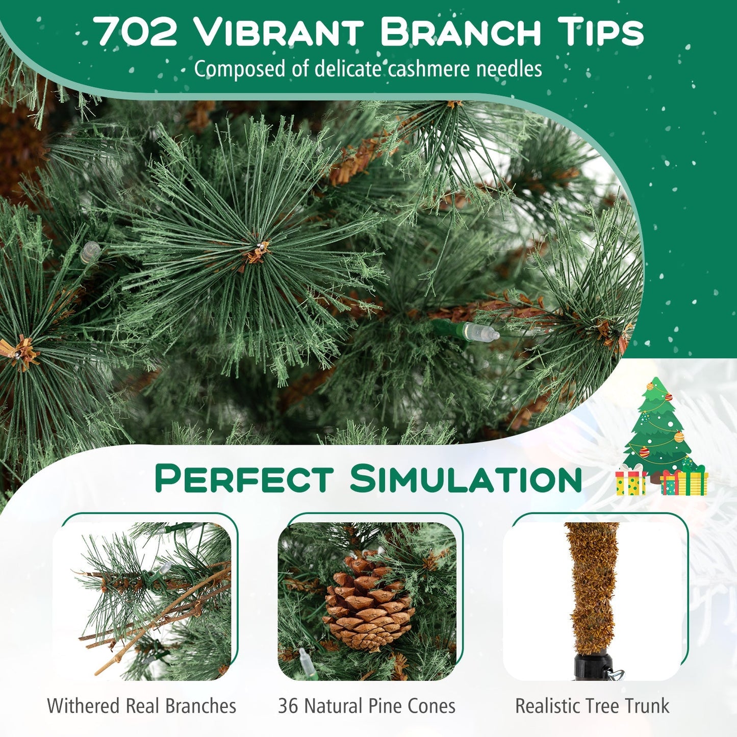 6/7/8 Feet Artificial Christmas Tree Pre-lit Hinged Xmas Tree with Warm White LED Lights and Pine Cones