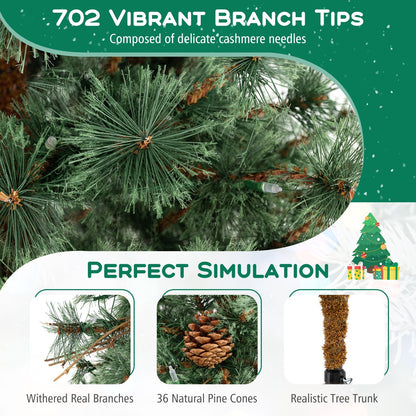 6/7/8 Feet Artificial Christmas Tree Pre-lit Hinged Xmas Tree with Warm White LED Lights and Pine Cones