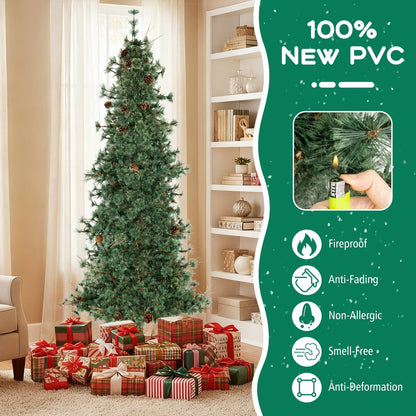 6/7/8 Feet Artificial Christmas Tree Pre-lit Hinged Xmas Tree with Warm White LED Lights and Pine Cones