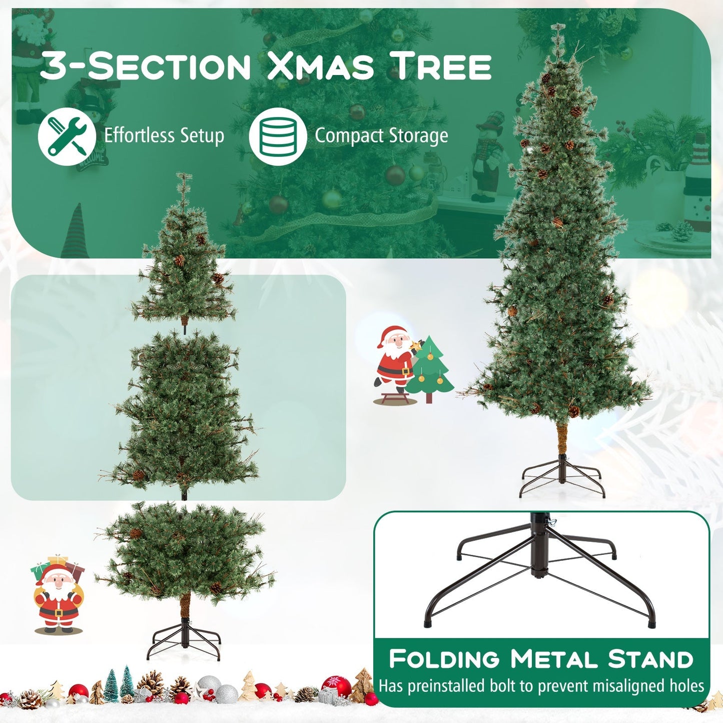 6/7/8 Feet Artificial Christmas Tree Pre-lit Hinged Xmas Tree with Warm White LED Lights and Pine Cones