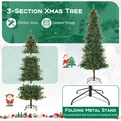 6/7/8 Feet Artificial Christmas Tree Pre-lit Hinged Xmas Tree with Warm White LED Lights and Pine Cones