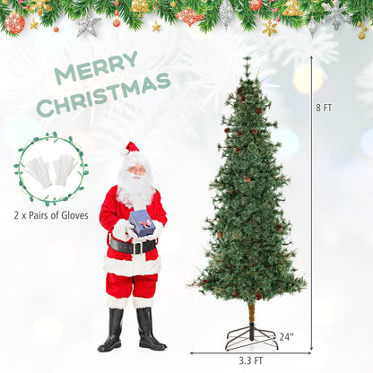 6/7/8 Feet Artificial Christmas Tree Pre-lit Hinged Xmas Tree with Warm White LED Lights and Pine Cones