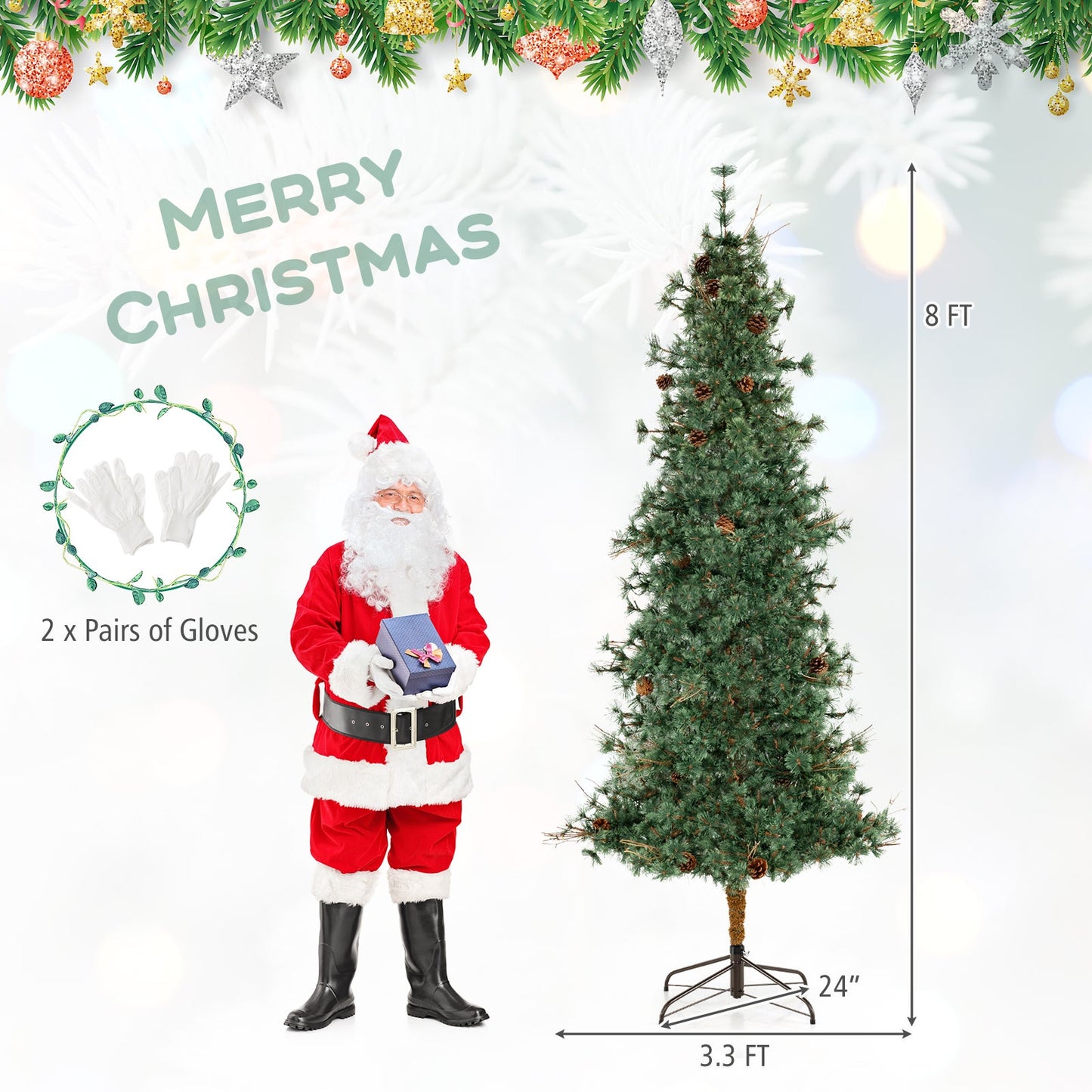 6/7/8 Feet Artificial Christmas Tree Pre-lit Hinged Xmas Tree with Warm White LED Lights and Pine Cones