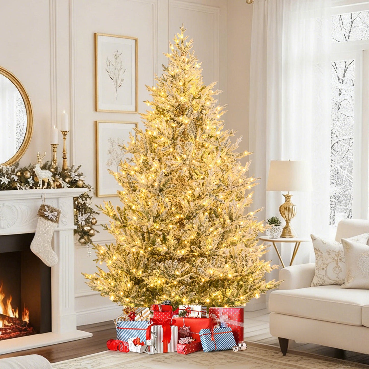6/7/8 Feet Pre-Lit Artificial Christmas Tree Hinged Snow Flocked Xmas Tree