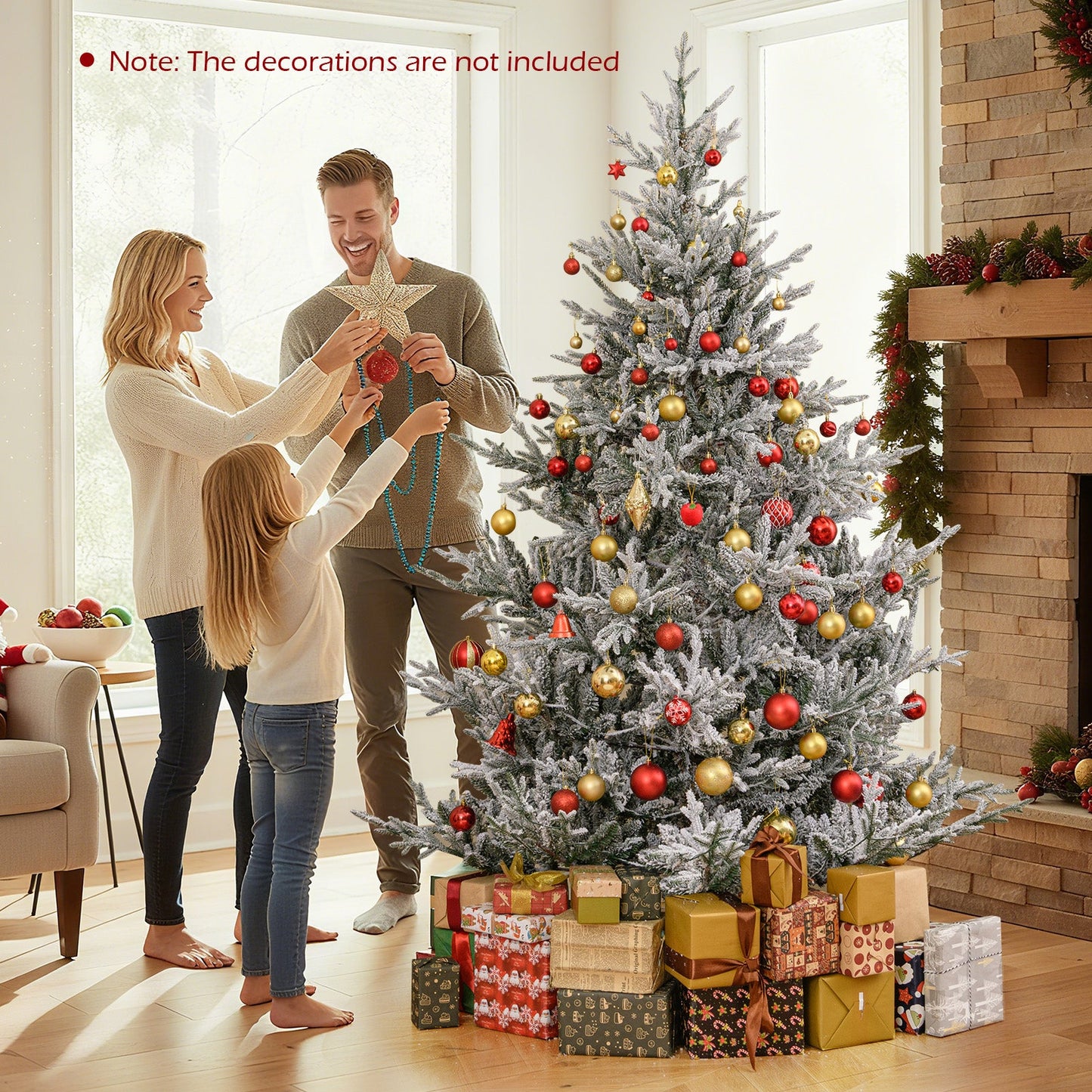 6/7/8 Feet Pre-Lit Artificial Christmas Tree Hinged Snow Flocked Xmas Tree