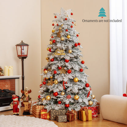 6/7 Feet Artificial Snow-flocked Christmas Tree Pre-lit Hinged Xmas Tree with 130 Twinkle Balls