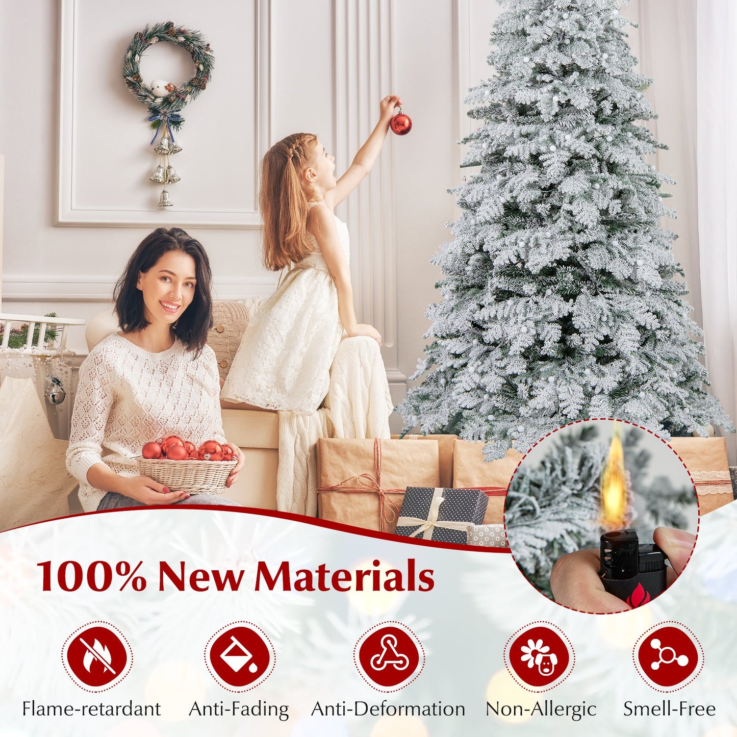 6/7 Feet Artificial Snow-flocked Christmas Tree Pre-lit Hinged Xmas Tree with 130 Twinkle Balls