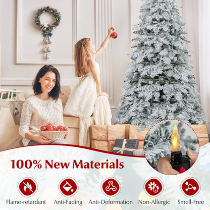 6/7 Feet Artificial Snow-flocked Christmas Tree Pre-lit Hinged Xmas Tree with 130 Twinkle Balls