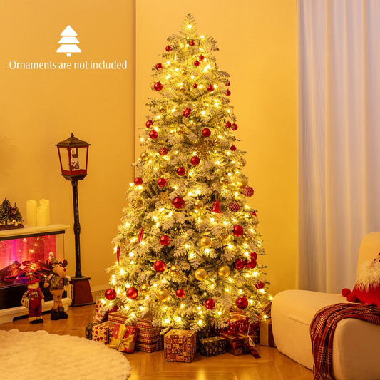 6/7 Feet Artificial Snow-flocked Christmas Tree Pre-lit Hinged Xmas Tree with 130 Twinkle Balls