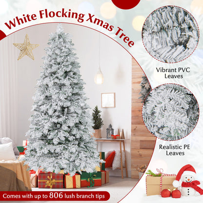 6/7 Feet Artificial Snow-flocked Christmas Tree Pre-lit Hinged Xmas Tree with 130 Twinkle Balls