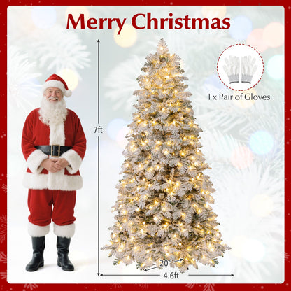 6/7 Feet Artificial Snow-flocked Christmas Tree Pre-lit Hinged Xmas Tree with 130 Twinkle Balls
