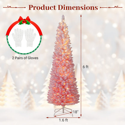 6 FTSnow-flocked Artificial Pink Christmas Tree Pre-lit Hinged Xmas Tree for Holiday Decoration
