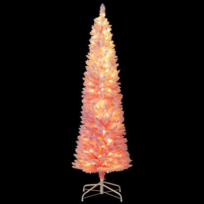 6 FTSnow-flocked Artificial Pink Christmas Tree Pre-lit Hinged Xmas Tree for Holiday Decoration