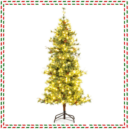6/7/8 Feet Artificial Christmas Tree Pre-lit Hinged Xmas Tree with Warm White LED Lights and Pine Cones