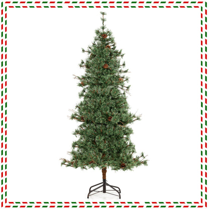 6/7/8 Feet Artificial Christmas Tree Pre-lit Hinged Xmas Tree with Warm White LED Lights and Pine Cones