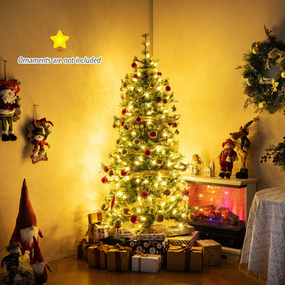6/7/8 Feet Artificial Christmas Tree Pre-lit Hinged Xmas Tree with Warm White LED Lights and Pine Cones