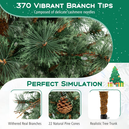 6/7/8 Feet Artificial Christmas Tree Pre-lit Hinged Xmas Tree with Warm White LED Lights and Pine Cones