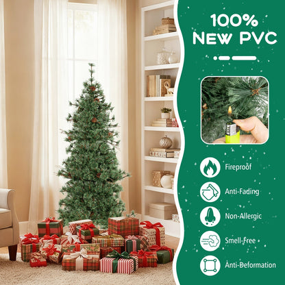 6/7/8 Feet Artificial Christmas Tree Pre-lit Hinged Xmas Tree with Warm White LED Lights and Pine Cones