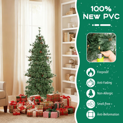 6/7/8 Feet Artificial Christmas Tree Pre-lit Hinged Xmas Tree with Warm White LED Lights and Pine Cones