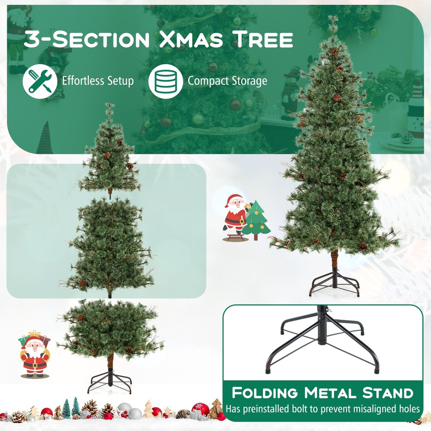 6/7/8 Feet Artificial Christmas Tree Pre-lit Hinged Xmas Tree with Warm White LED Lights and Pine Cones
