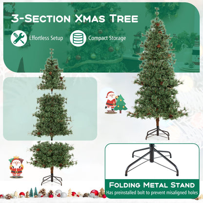6/7/8 Feet Artificial Christmas Tree Pre-lit Hinged Xmas Tree with Warm White LED Lights and Pine Cones
