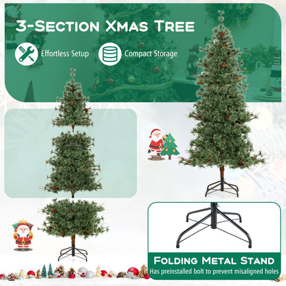 6/7/8 Feet Artificial Christmas Tree Pre-lit Hinged Xmas Tree with Warm White LED Lights and Pine Cones