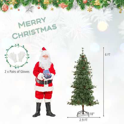6/7/8 Feet Artificial Christmas Tree Pre-lit Hinged Xmas Tree with Warm White LED Lights and Pine Cones