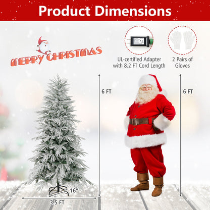 7 Feet Snow-flocked Artificial Christmas Tree Pre-lit Hinged Xmas Tree with Warm White LED Lights