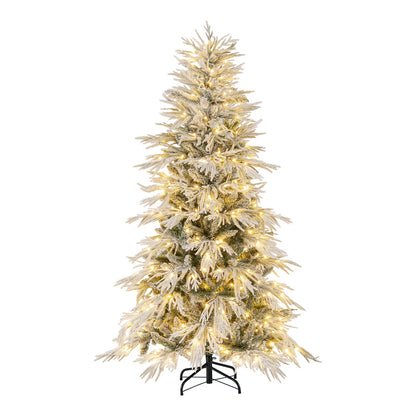 7 Feet Snow-flocked Artificial Christmas Tree Pre-lit Hinged Xmas Tree with Warm White LED Lights