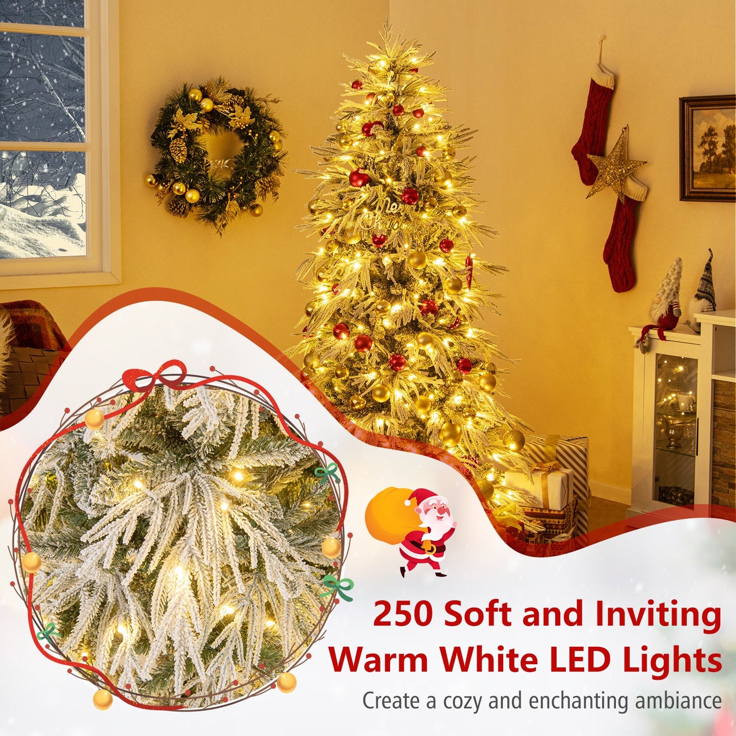 7 Feet Snow-flocked Artificial Christmas Tree Pre-lit Hinged Xmas Tree with Warm White LED Lights
