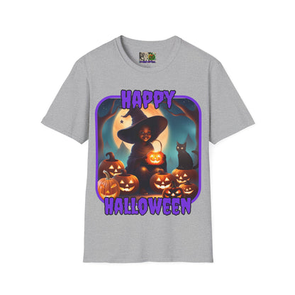 Happy Halloween Cute Witch Purple font Light colors Unisex T-Shirt by CreepyCrafts.boo