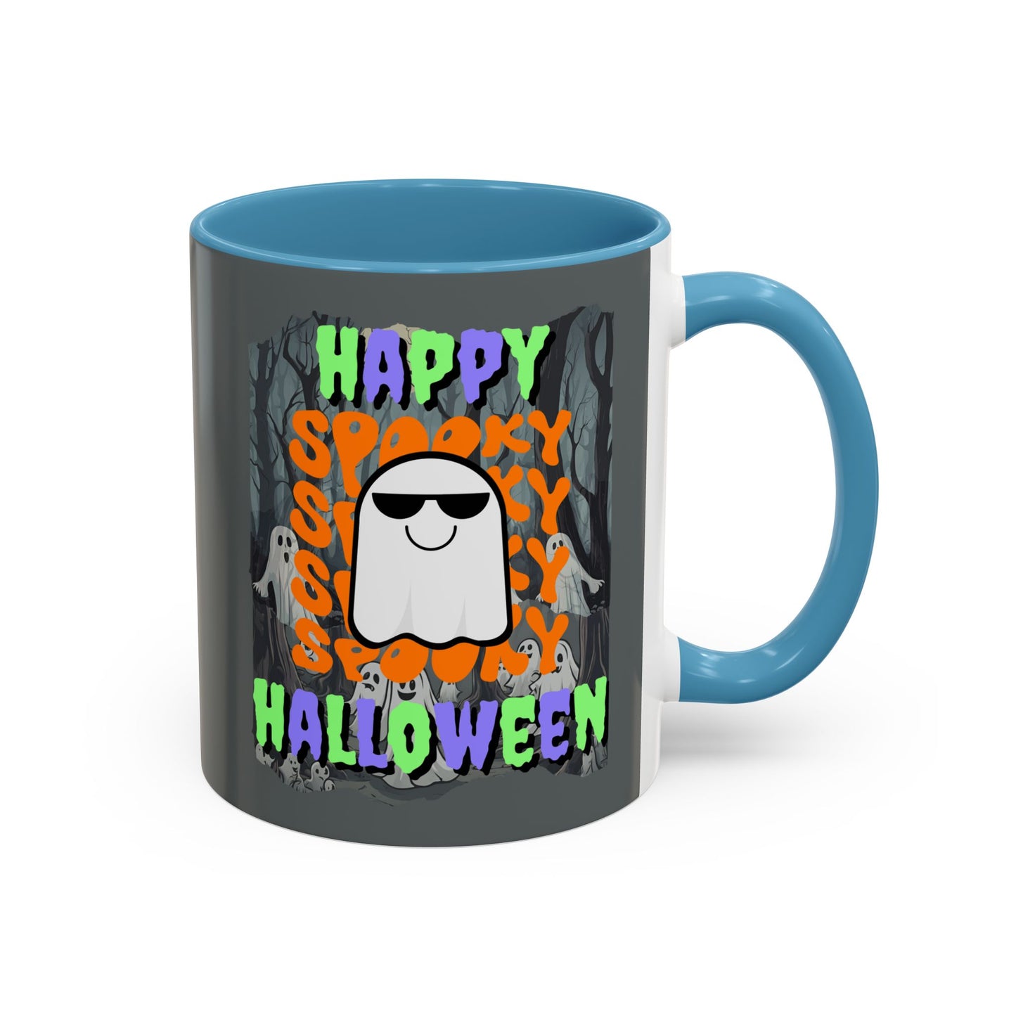 Spooky Happy Halloween Ghost Mixed font Grey Accent Mug by CreepyCrafts.boo