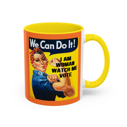 I Am Woman Watch Me Vote Rosie Orange Accent Mug by cypherpunkgear.com