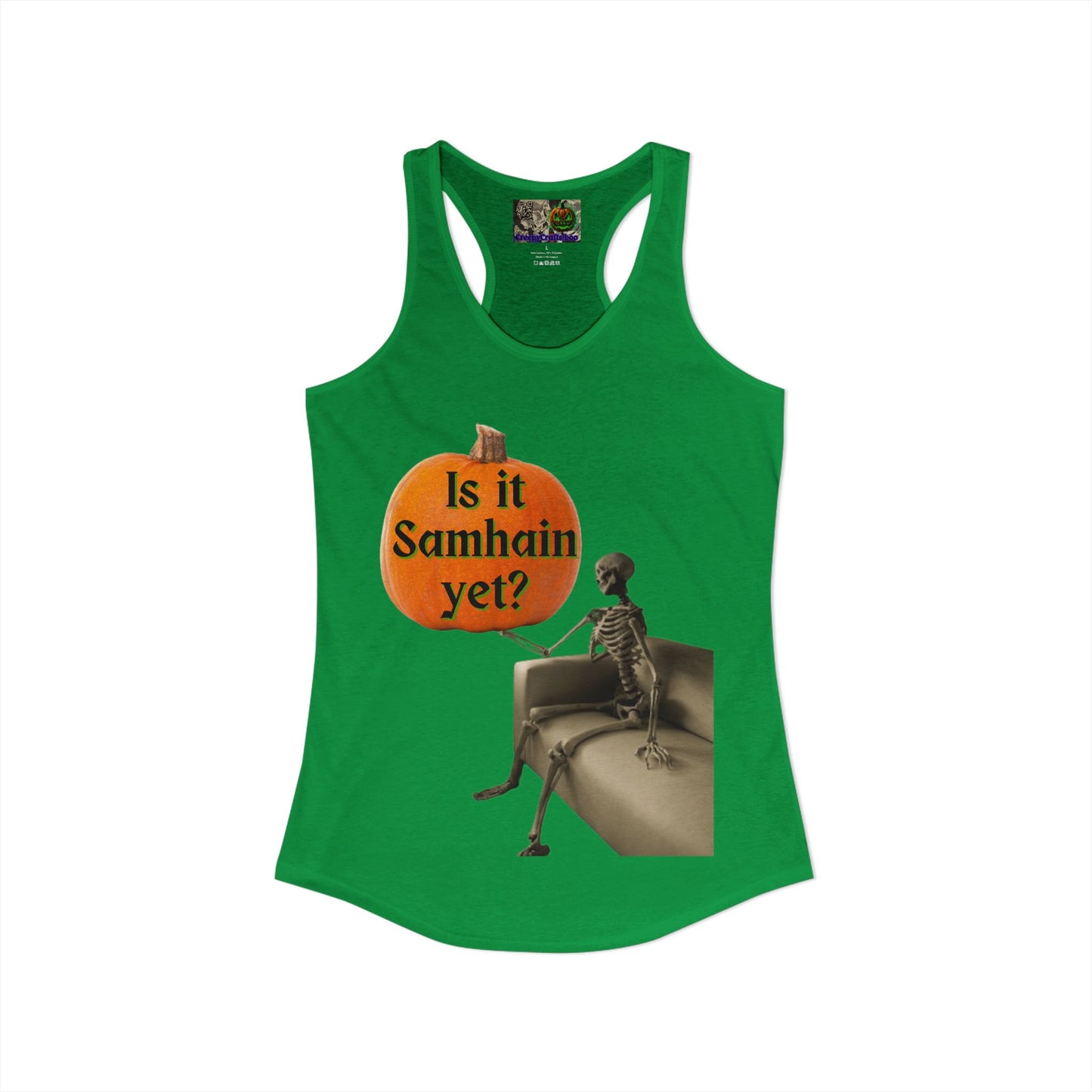Is it Samhain yet? Skeleton's Pumpkin Women's Racerback Tank Top by CreepyCrafts.boo