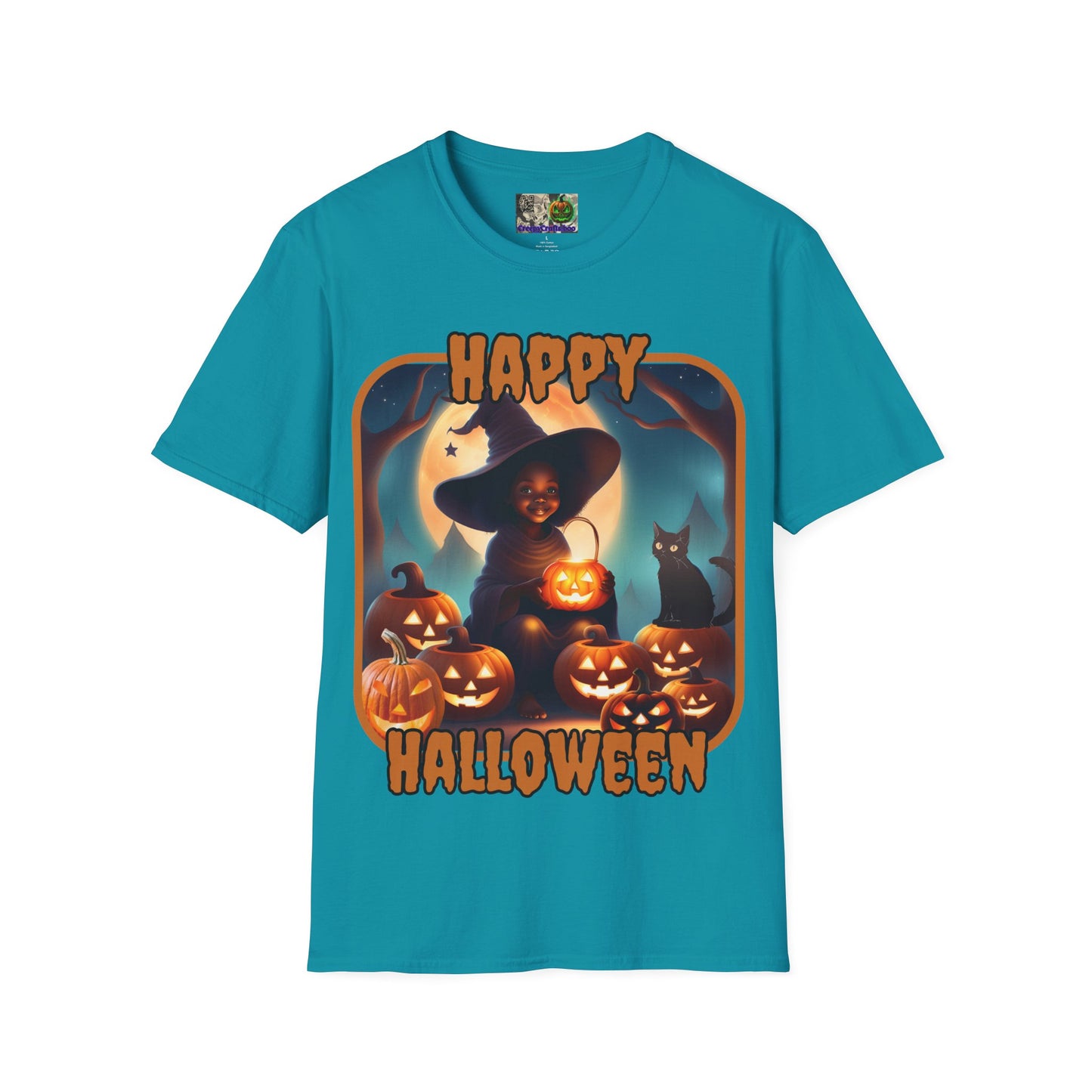 Happy Halloween Cute Witch Orange font, Dark colors, Unisex T-Shirt by CreepyCrafts.boo