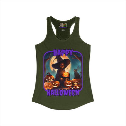 Happy Halloween Cute Witch Purple font Women's Racerback Tank Top by CreepyCrafts.boo