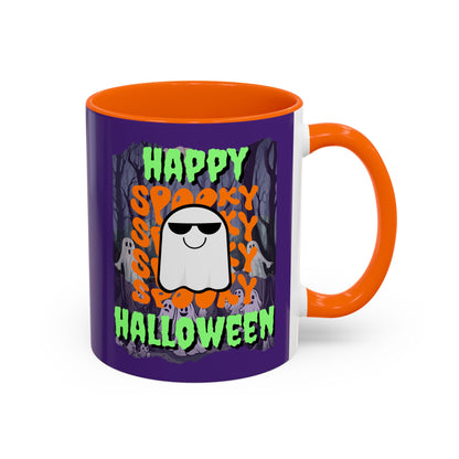 Spooky Happy Halloween Ghost Green font Purple Accent Mug by CreepyCrafts.boo